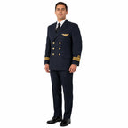 Homem em uniforme azul escuro de piloto, visto de perfil com gravata preta