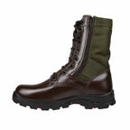 Bota militar alta, couro marrom brilhante e tecido verde com zíper