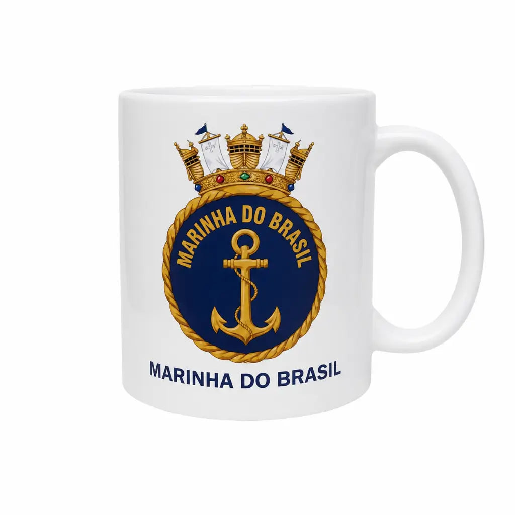 Caneca Louca Marinha do Brasil Coroa com emblema azul, âncora e coroa douradas