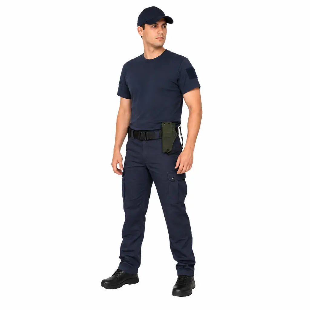 Coldre de cintura nylon VO padrão Marinha em homem de uniforme azul-escuro com cinto tático