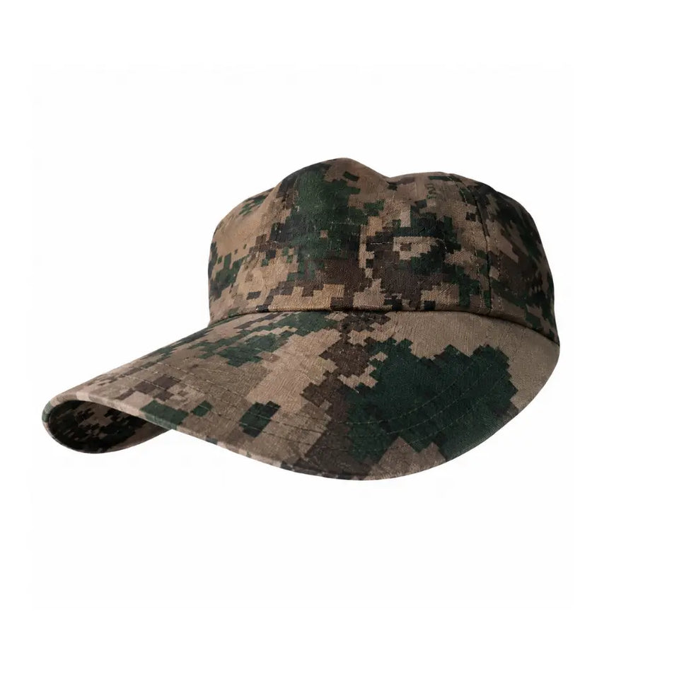 Gorro Multproposito Padrão: boné camuflado pixelado verde, marrom e bege com aba