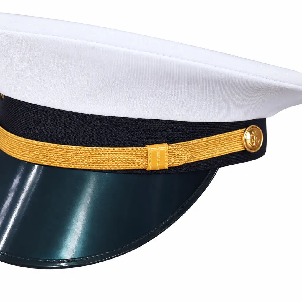 Capa Branca Quepe Masculino Marinha com aba esverdeada brilhante, faixa azul e adorno dourado