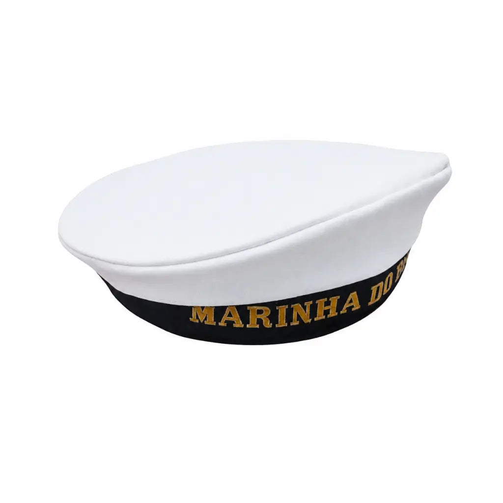 Boné naval branco com faixa preta e inscrição dourada MARINHA DO BRASIL