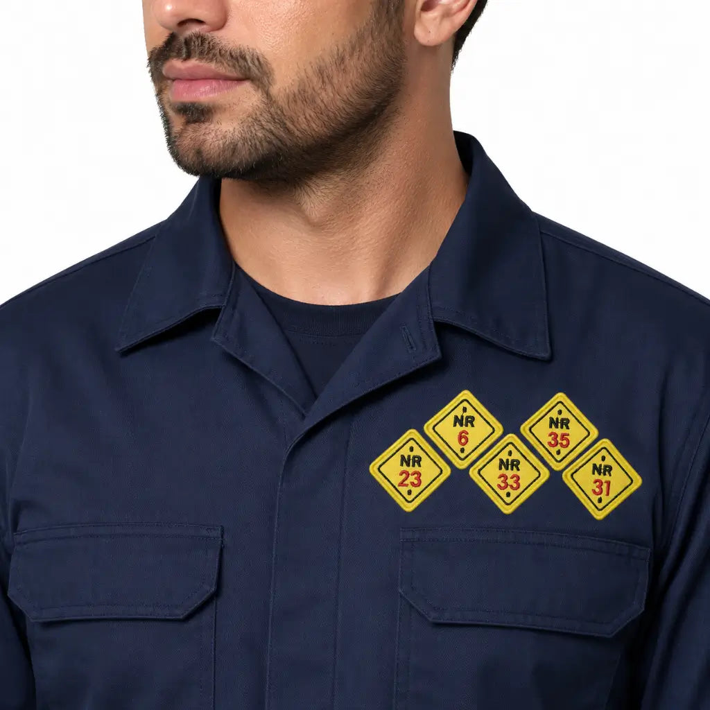 Homem com camisa de trabalho azul-escura e quatro emblemas NR amarelos no peito esquerdo