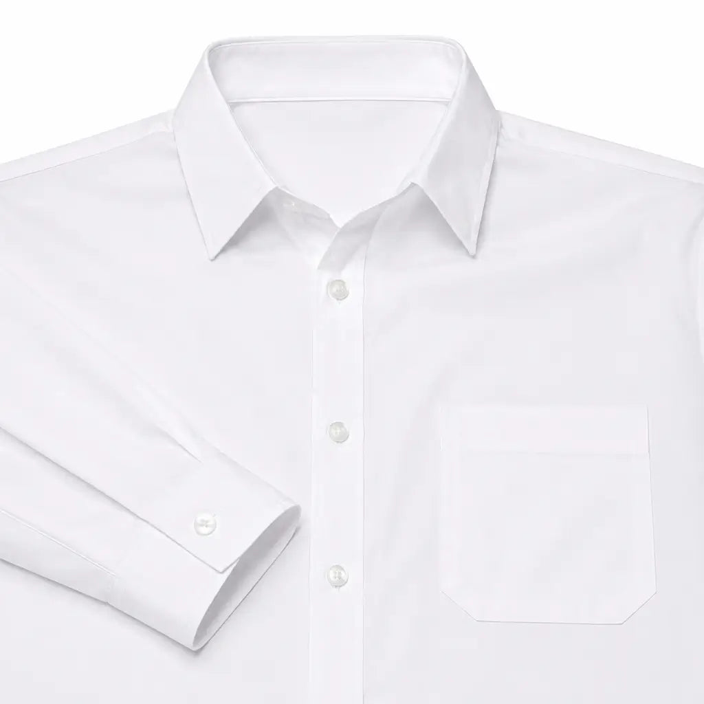 Camisa Social Manga Longa Branca Marinha aberta, botões frontais, punho com botão e bolso esquerdo