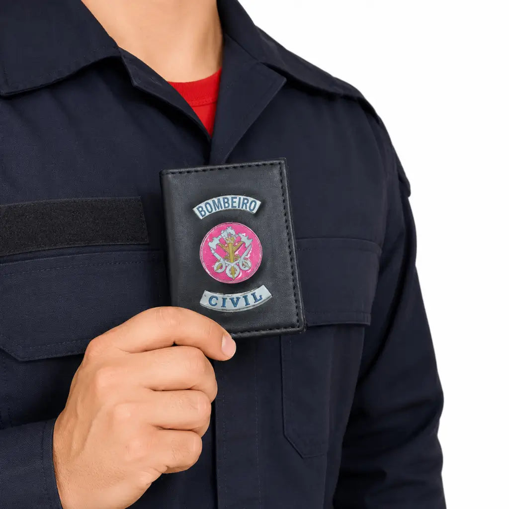 Carteira Bombeiro Civil Preta preta em mãos com uniforme escuro e emblema BOMBEIRO CIVIL