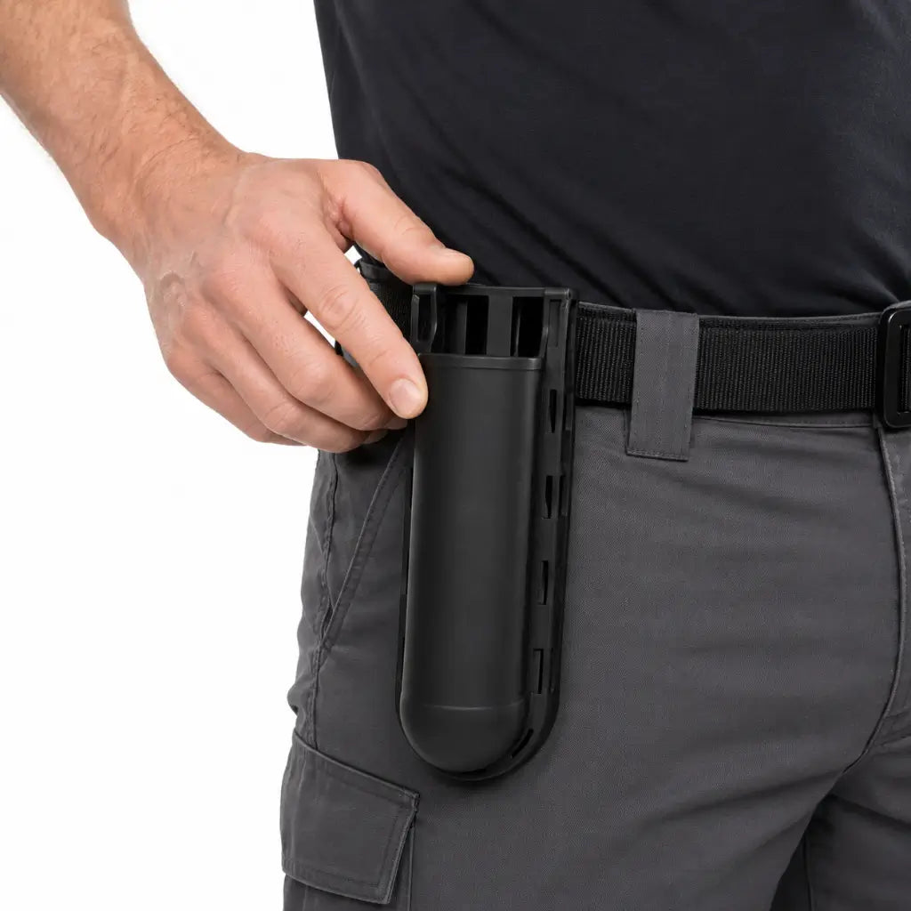 Homem com camiseta preta segurando o Belica Porta Bastão preto preso ao cinto