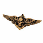 Emblema dourado envelhecido com crânio central, escudo e asas