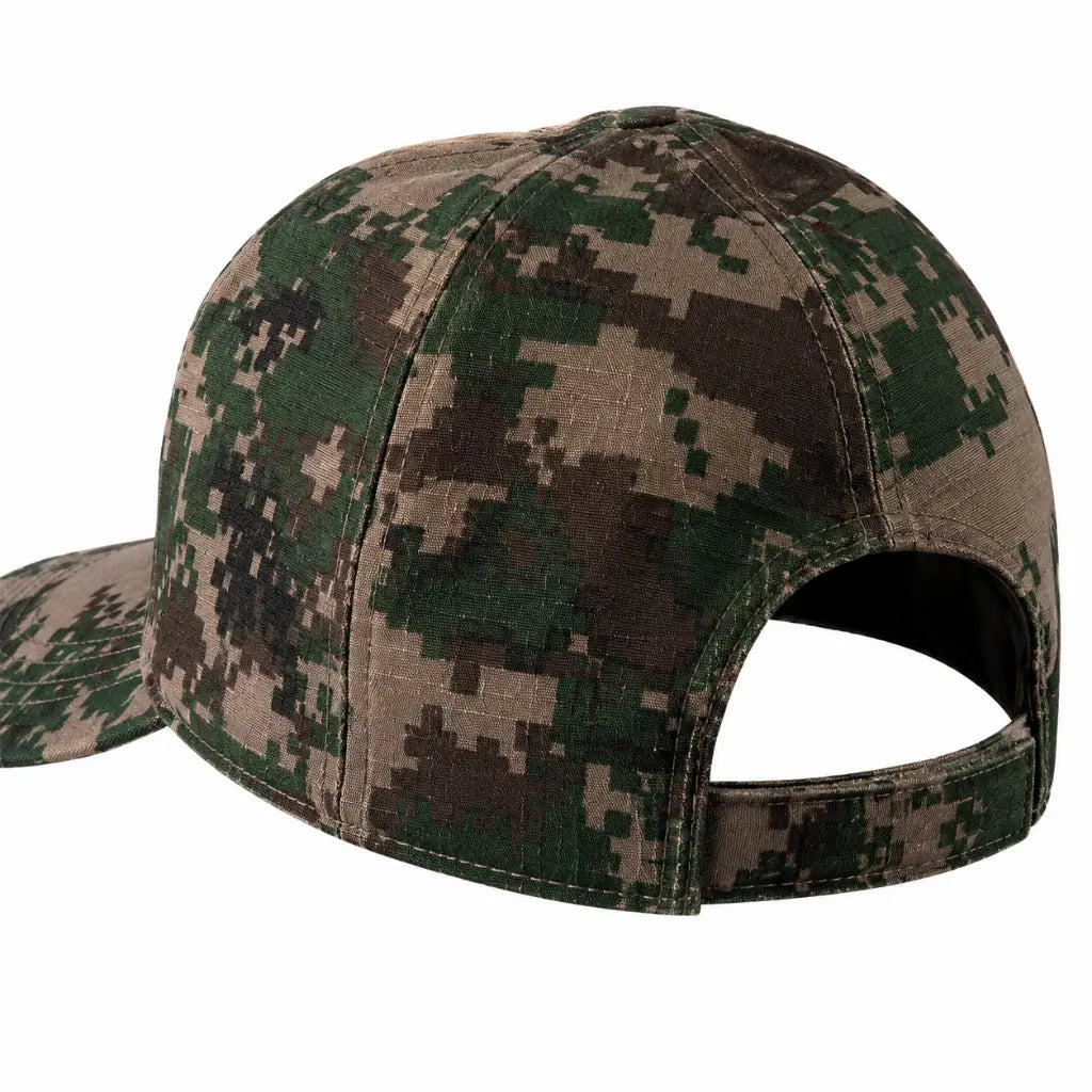 Gorro Multproposito Padrão: boné camuflado com aba larga e regulagem traseira