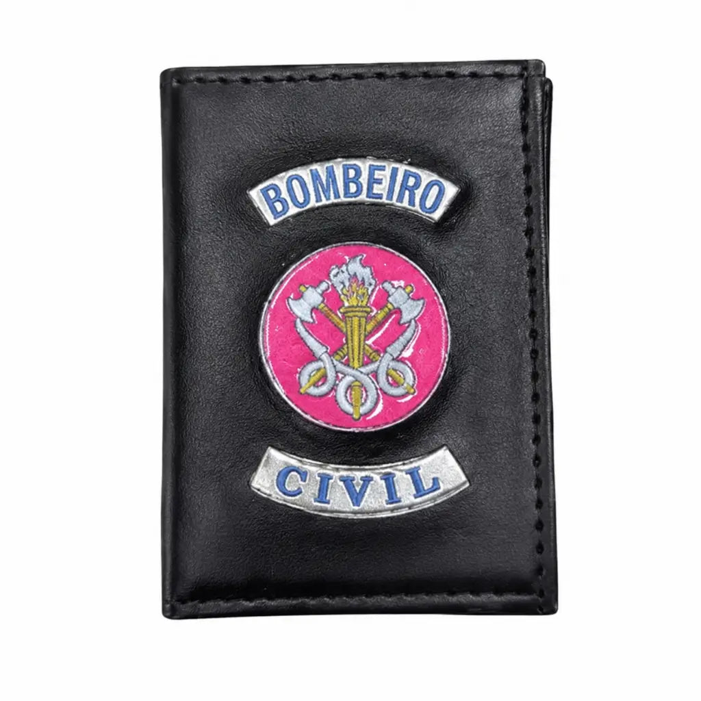 Carteira Bombeiro Civil Preta porta-crachá couro preto com emblema rosa BOMBEIRO CIVIL