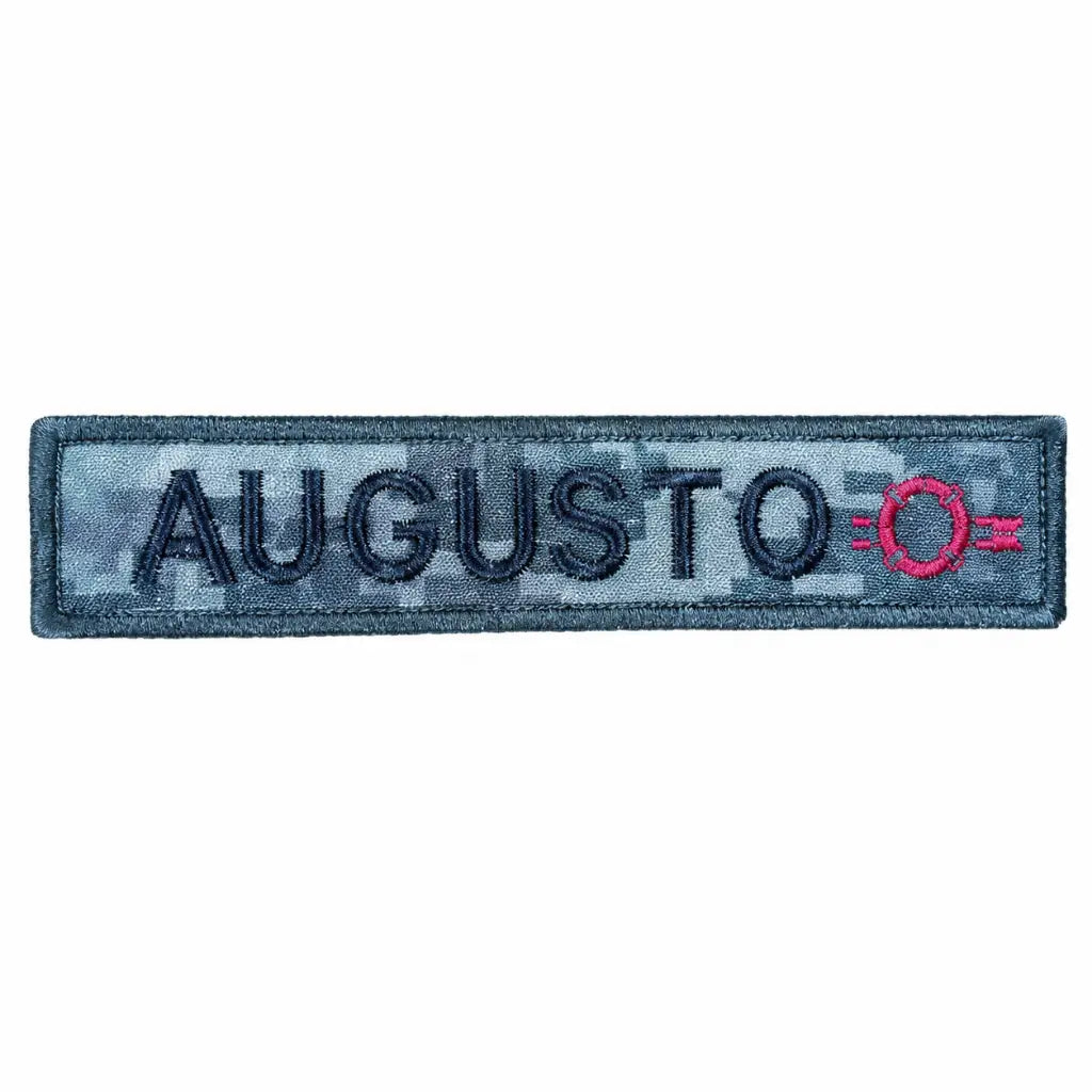 Tarjeta Multipropósito Nome patch retangular camuflado azul/cinza com AUGUSTO bordado preto e emblema vermelho