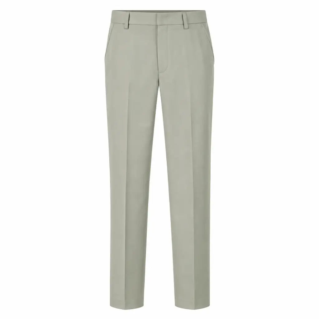 Calça verde claro com corte reto, passantes, zíper, botão e bolsos.