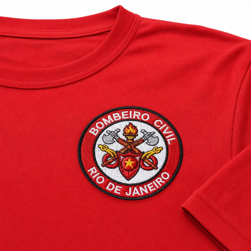Camiseta Vermelha Bombeiro Civil RJ close do brasão circular BOMBEIRO CIVIL Rio de Janeiro