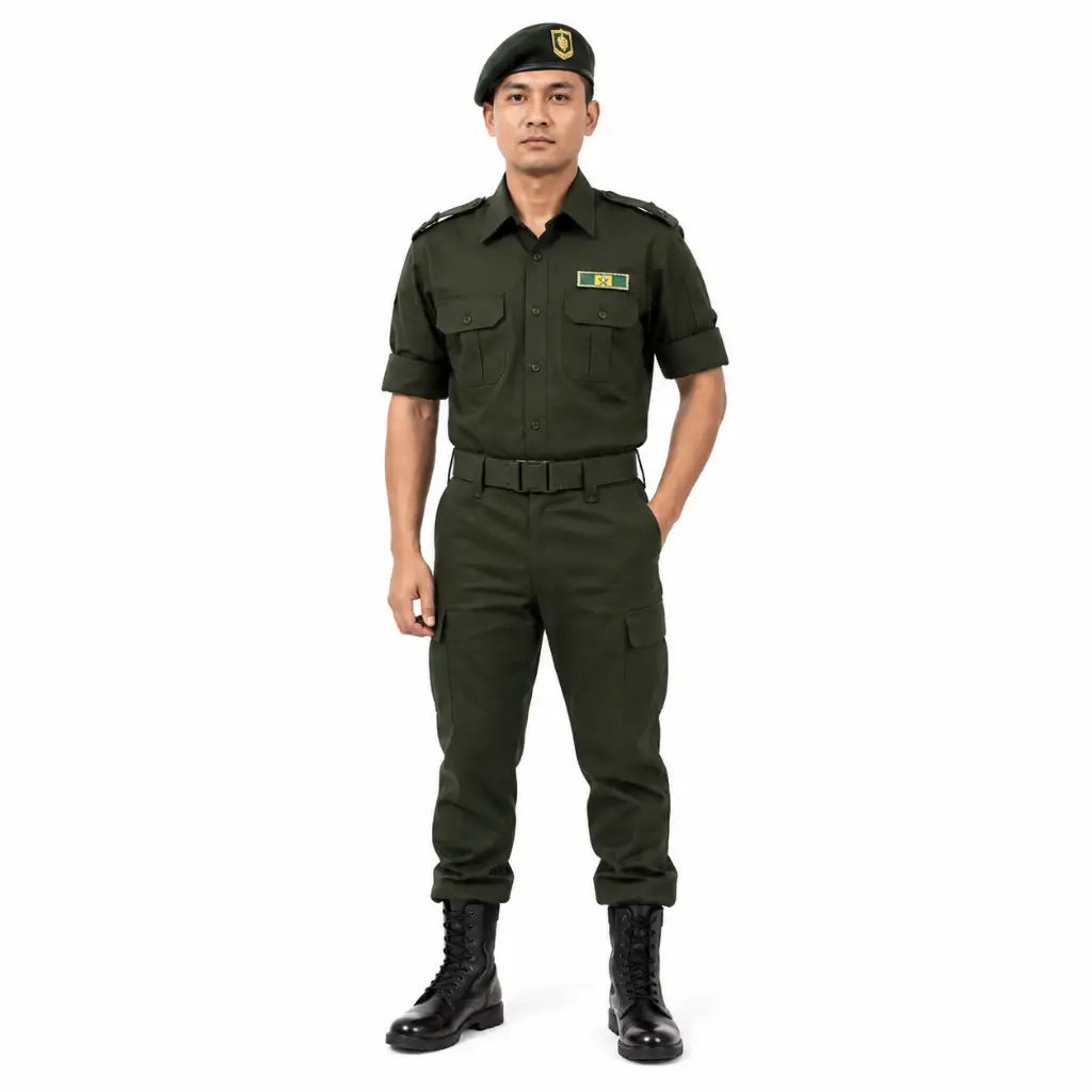 Soldado em uniforme verde-escuro com boina verde, botas pretas, insígnia no peito