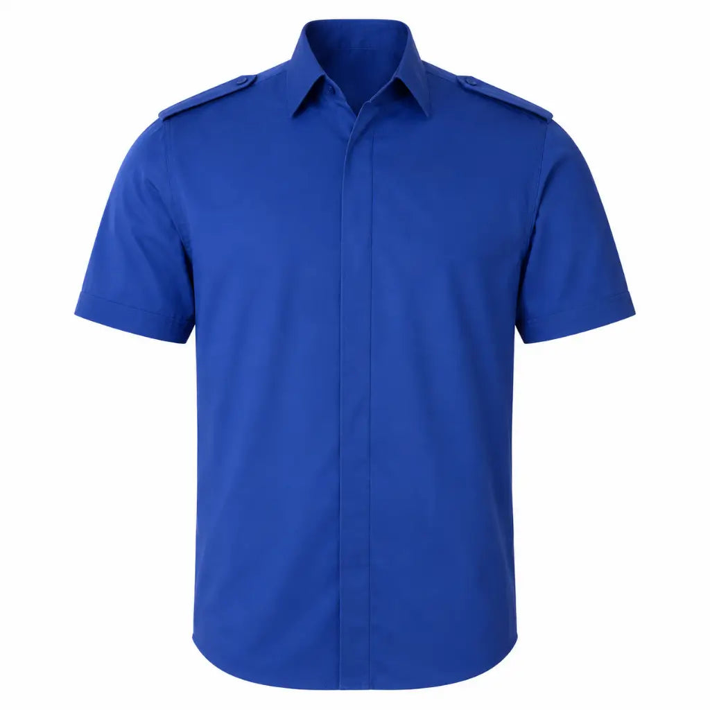 Camisa Azul Externo Da Marinha azul vibrante de manga curta com botões e ombreiras