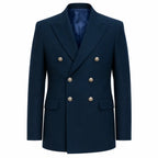 Blazer azul marinho com design duplo, seis botões prateados e lapelas amplas