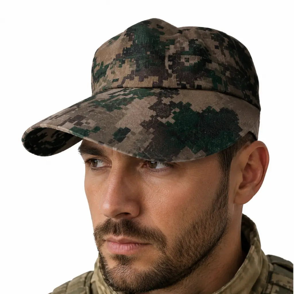 Gorro Multproposito Padrão: homem usa boné camuflado marrom e verde com aba frontal