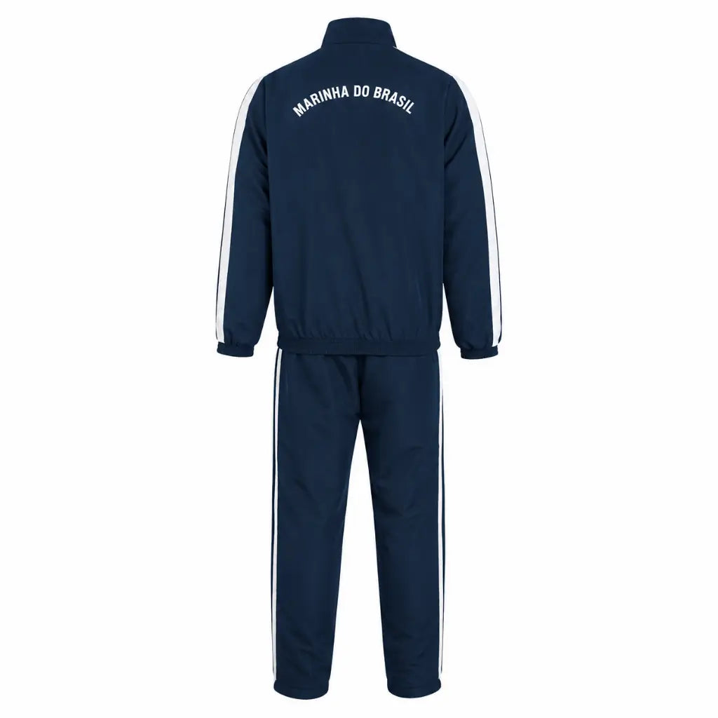 Conjunto azul marinho com jaqueta e calça; costas com MARINHA DO BRASIL.