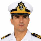 Homem em uniforme naval branco, boné com borda preta e âncora dourada