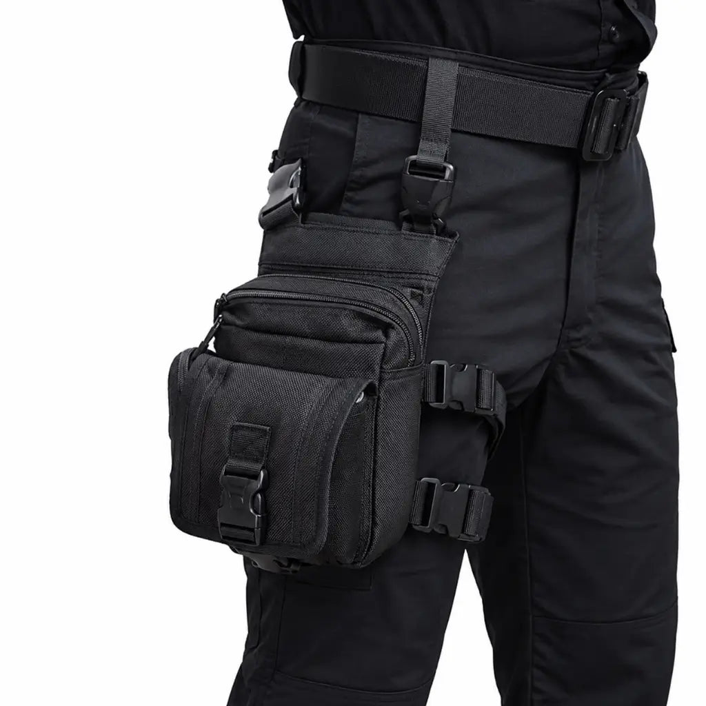 Bornal Preto Grande Bolso Duplo Externo preso à perna, zíper e bolso frontal com fivela