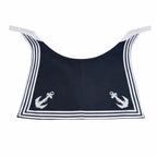 Blusa azul-marinho com listras brancas e âncoras nas laterais