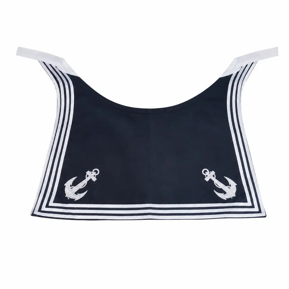 Blusa azul-marinho com listras brancas e âncoras nas laterais
