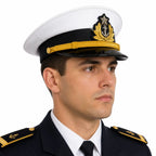 Oficial da marinha em uniforme formal, visto de perfil, chapéu branco com faixa preta