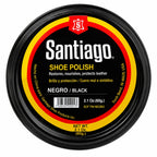 Lata redonda de graxa para sapatos Santiago, preta, com rótulo bilíngue SHOE POLISH.