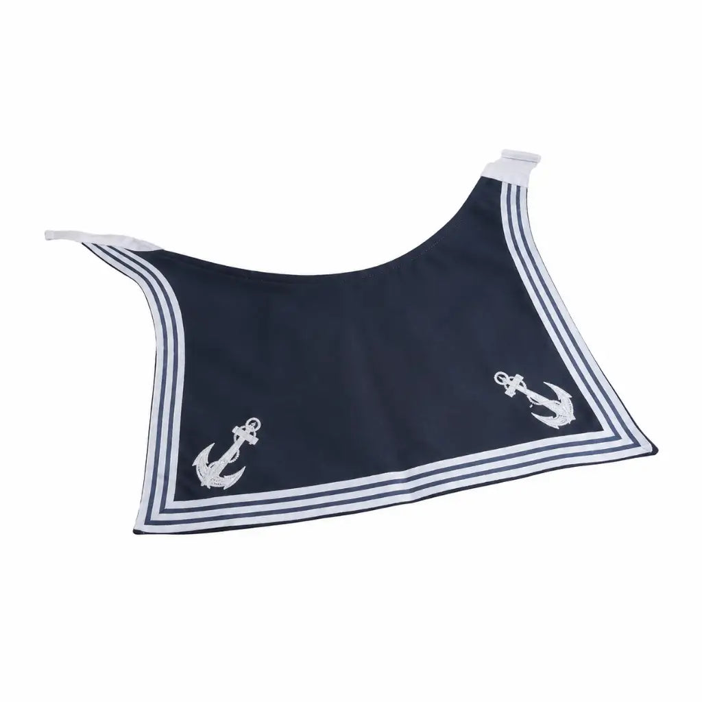Blusa azul escura com bordas brancas, listras paralelas e âncoras brancas na parte inferior