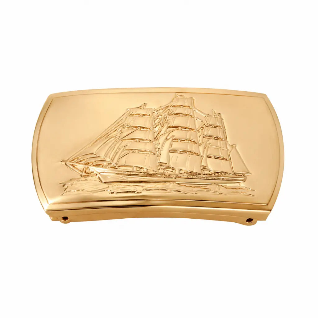 Estojo dourado com relevo de navio a vela da Fivela Latão Dourada Marinha