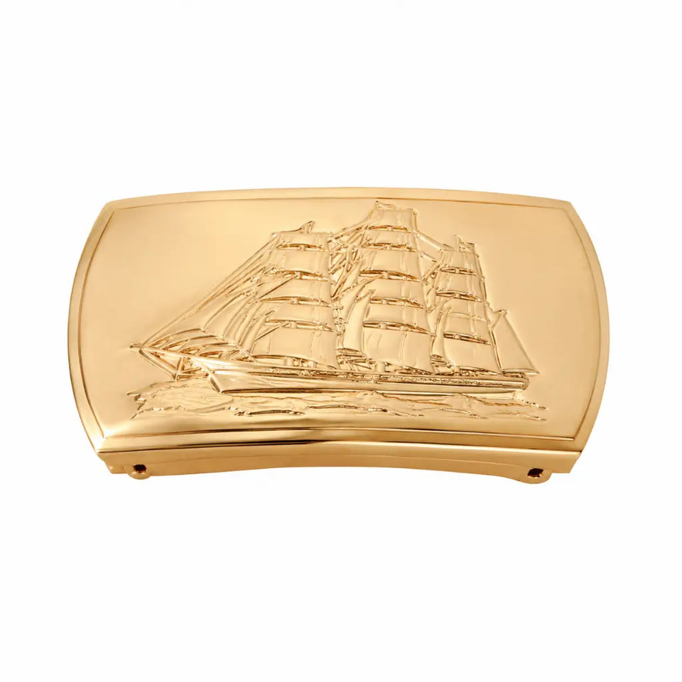 Estojo dourado com relevo de navio a vela da Fivela Latão Dourada Marinha