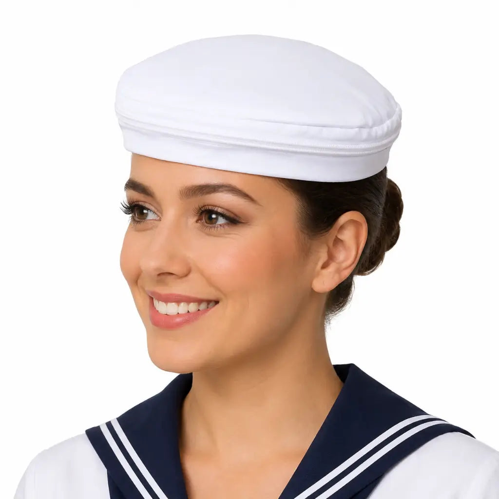 Mulher com uniforme náutico com gola azul-marinho usando Quepe Capa Branca Feminino Marinha do Brasil
