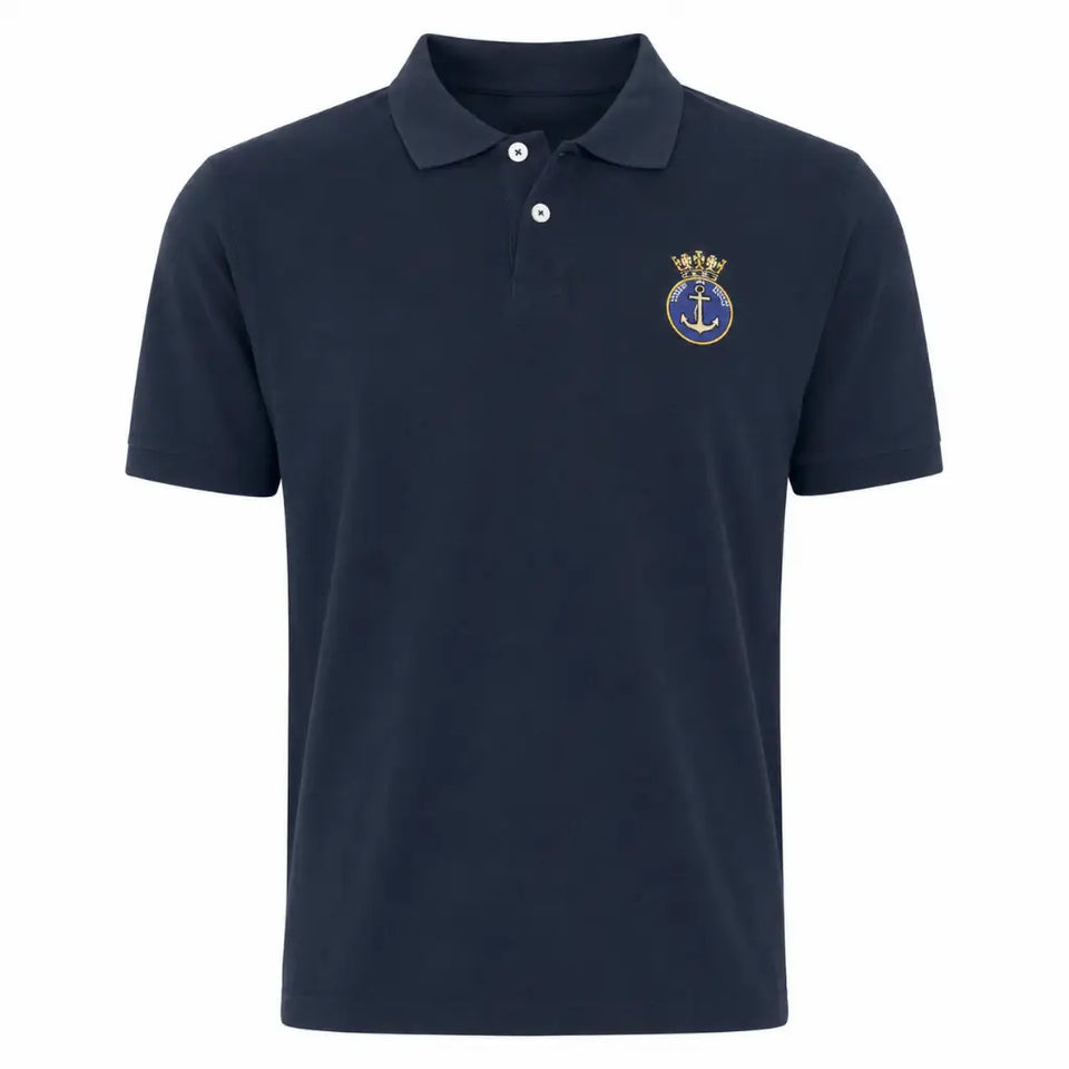 Camisa Polo Azul Marinha Bordada com âncora e coroa bordadas douradas no peito