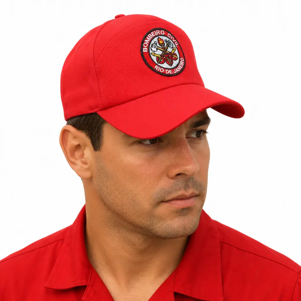 Homem de camiseta vermelha usa boné vermelho com emblema Bombeiro Civil Rio de Janeiro