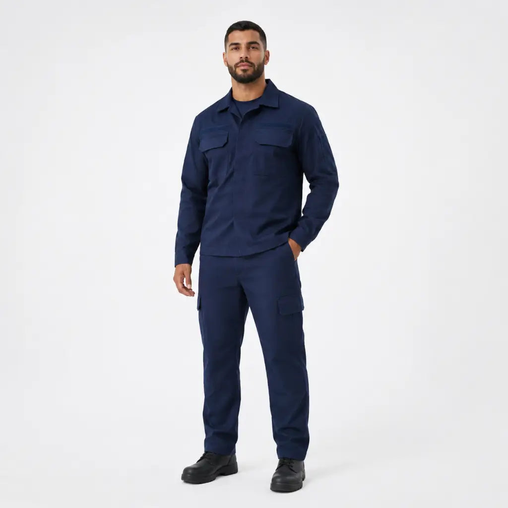 Homem usando Conjunto Operativo Op3 Anti-Chama azul-marinho com camisa de colarinho e botões