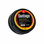Pote redondo de polidor de sapatos Santiago preto com rótulo colorido SHOE POLISH.