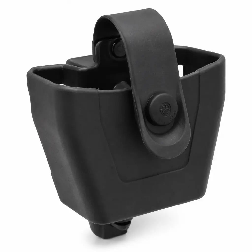 Belica Porta Algema preto com abertura superior, fecho circular e base para cinto