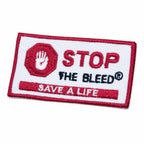 Patch retangular branco com mão octógono vermelho STOP THE BLEED e SAVE A LIFE