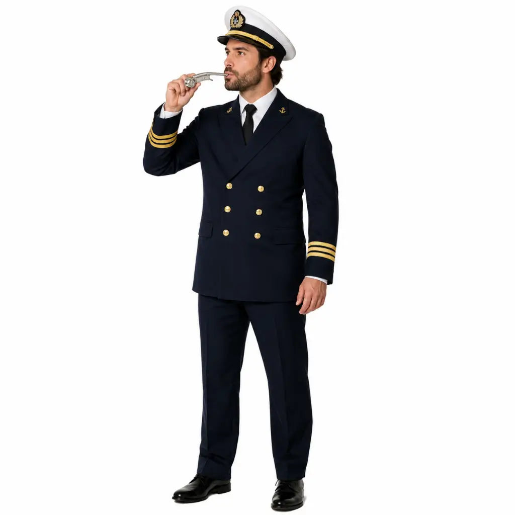 Homem em uniforme naval azul escuro com apito na boca