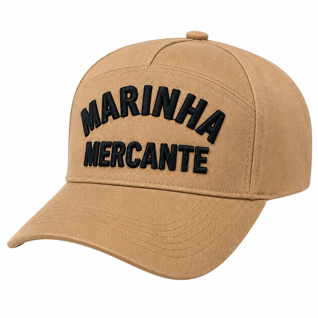 Boné caqui com aba reta e bordado frontal Marinha Mercante em preto