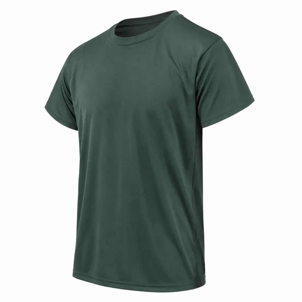 Camiseta Poliéster Verde Militar verde escura corte regular com gola redonda manga curta
