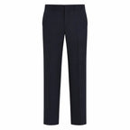 Calça social masculina azul-escura, corte retificado, cós ajustado, comprimento até o tornozelo