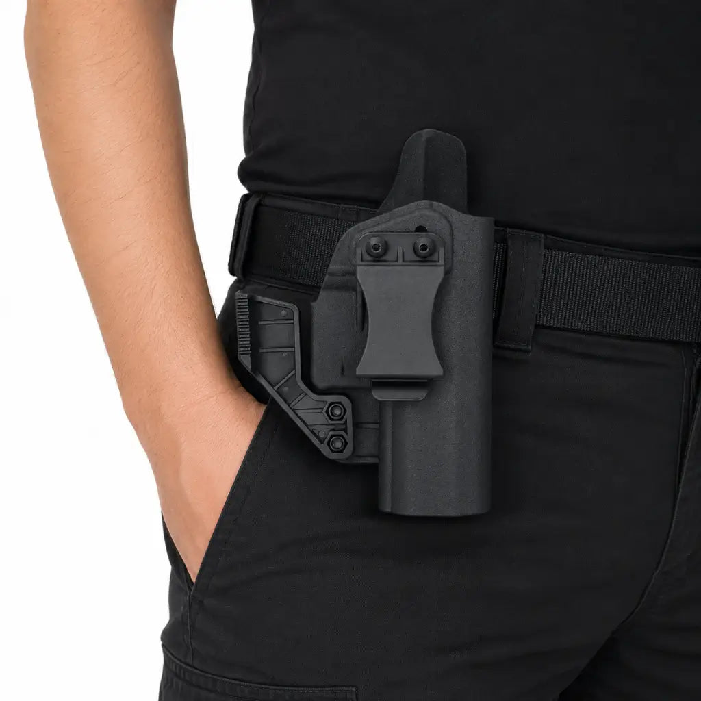 Close da cintura com Belica coldre velado Beretta APX destro preto no cinto, mão sobre o coldre