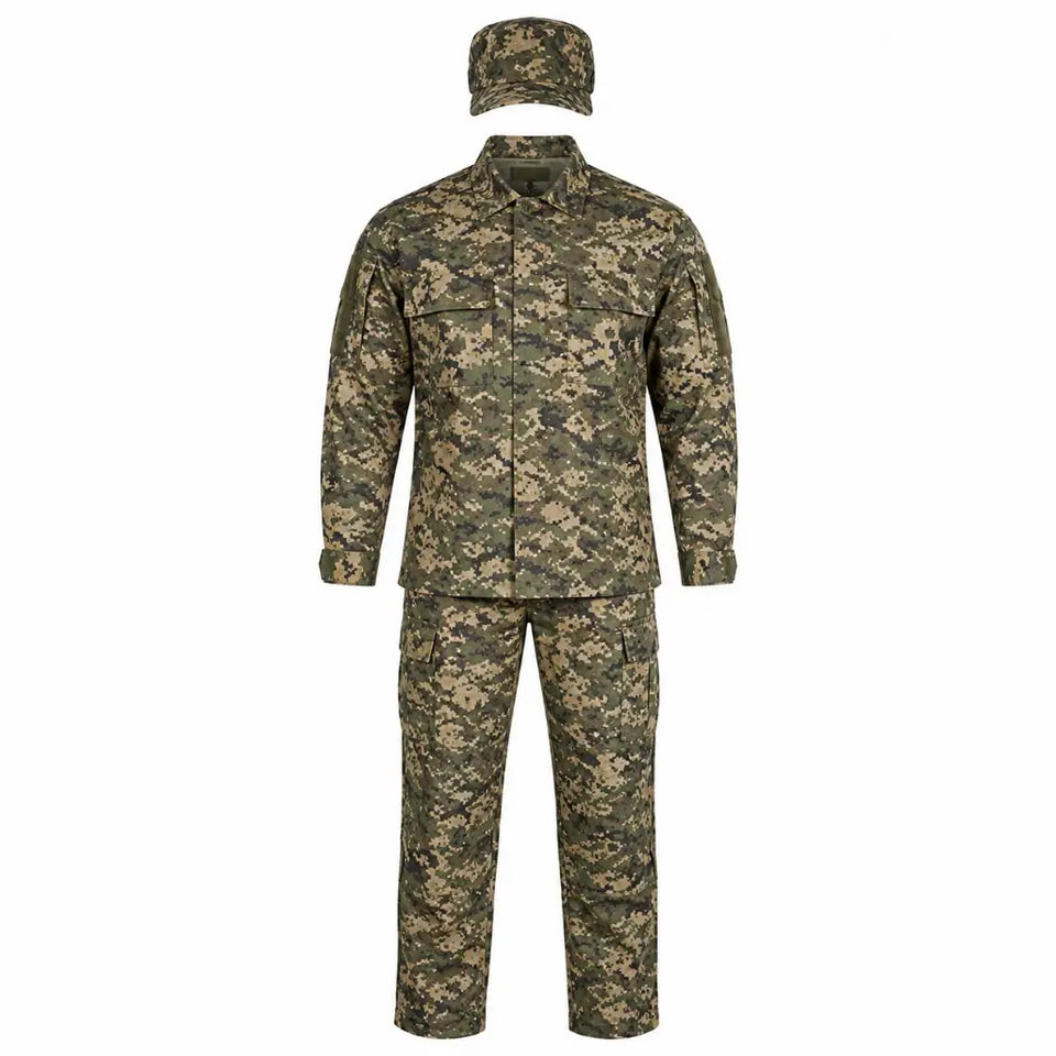 Farda Multipropósito camuflada com gandola de manga longa, calças táticas e boné