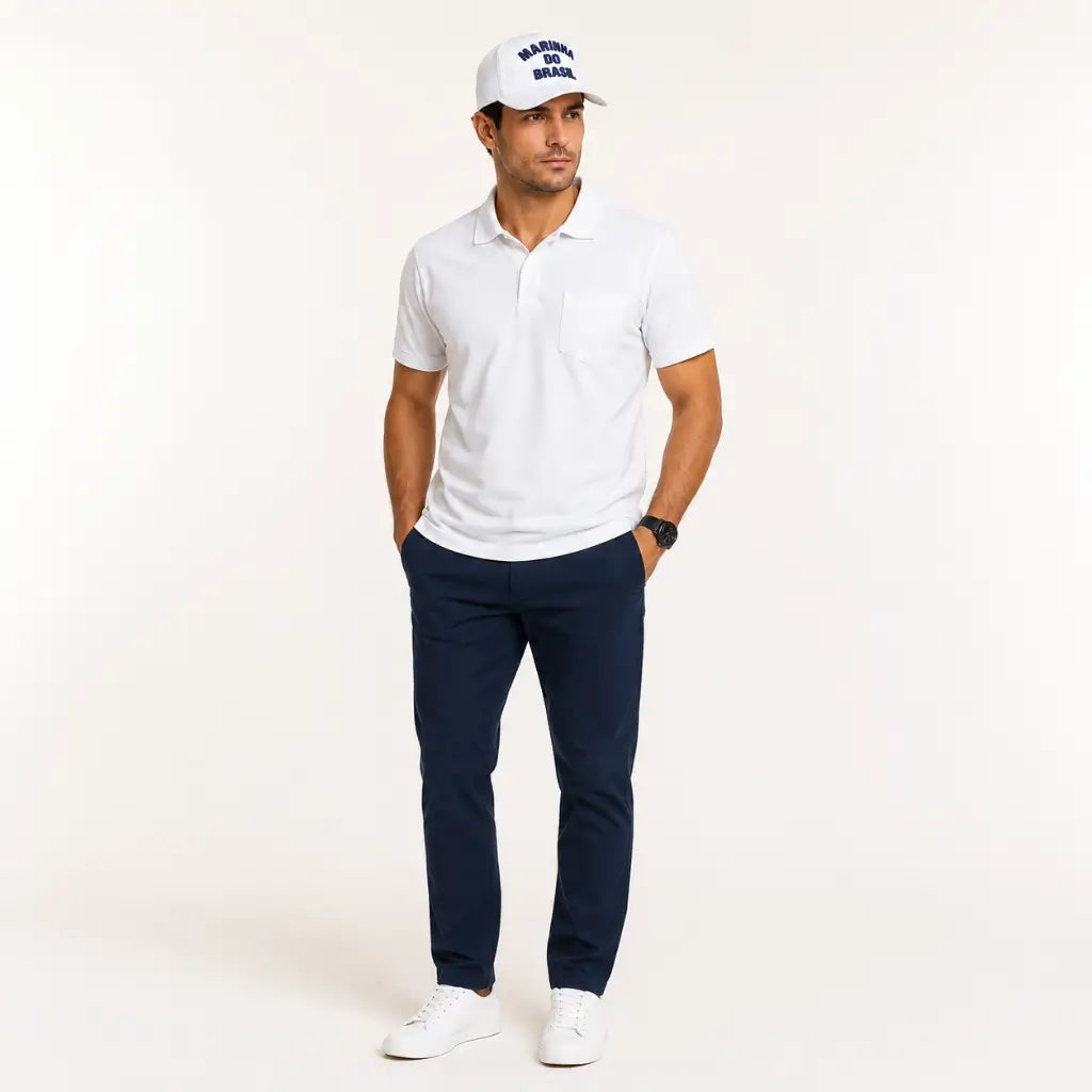Homem usando boné branco MARINHA DO BRASIL azul com polo branca e tênis branco