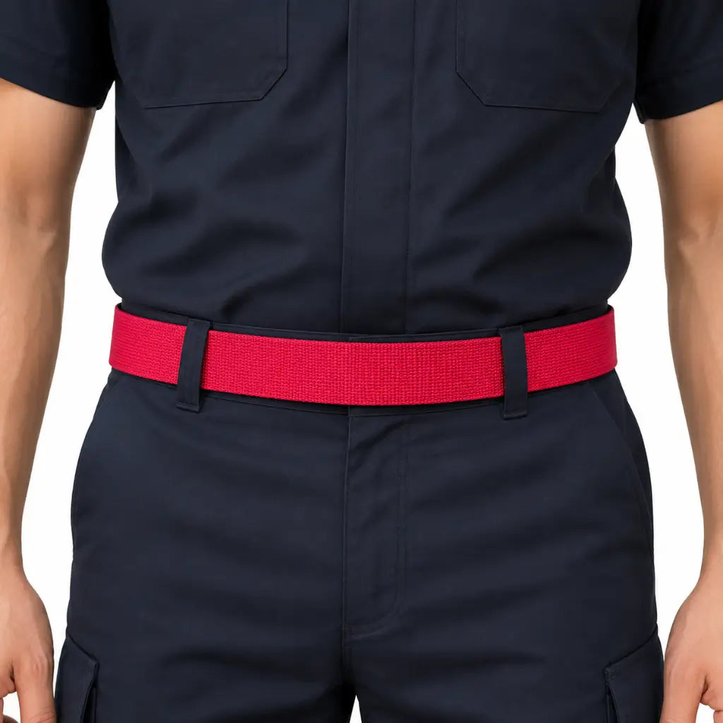 Cinto Para Calça Vermelho largo vibrante com fivelas simples em uniforme azul escuro