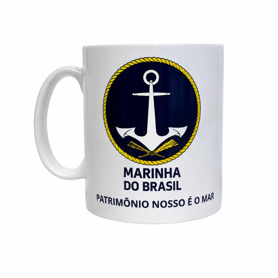 Caneca Marinha do Brasil branca com escudo azul, corda amarela e âncoras