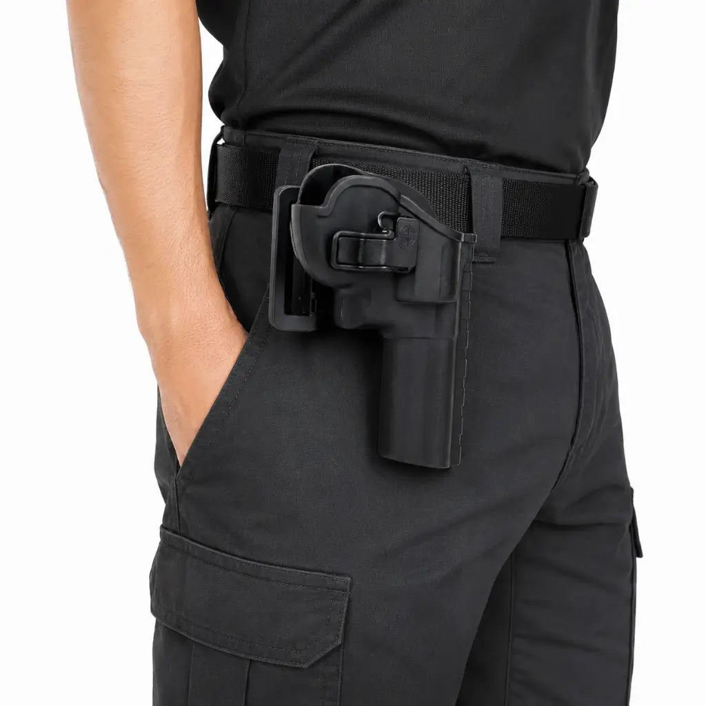 Belica Coldre Revolver 8T I-Passador Destro preto no cinto com uniforme tático
