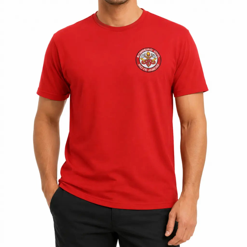 Camiseta Vermelha Bombeiro Civil RJ com bordado Bombeiro Civil e Rio de Janeiro no peito