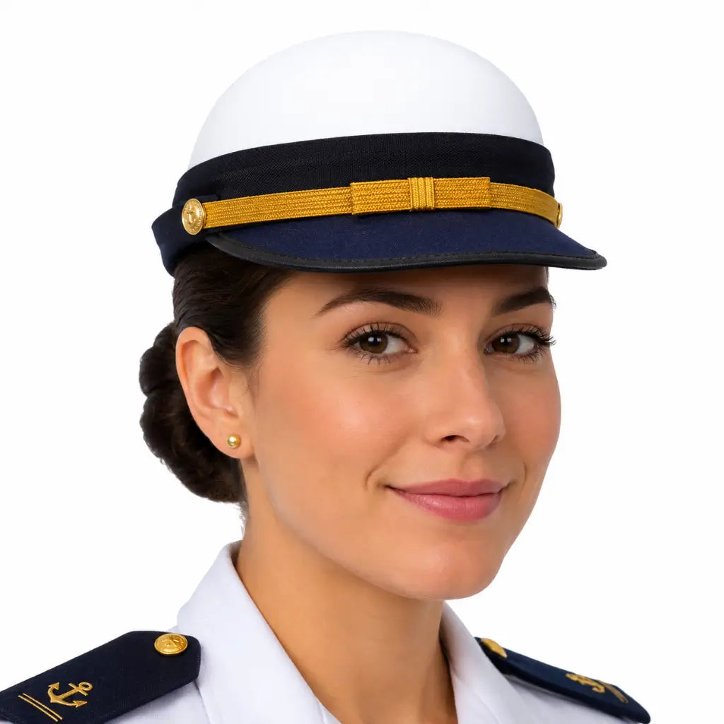 Mulher sorridente em uniforme naval, chapéu branco com faixa azul e fita dourada